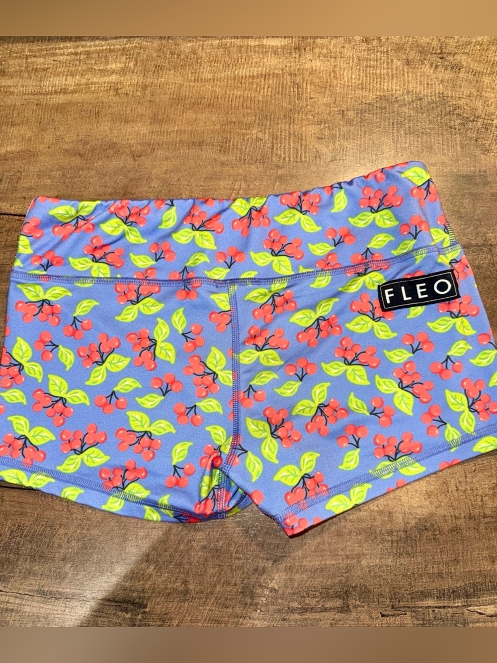 FLEO Cherry Print Booty Shorts Medium Blue Red Athletic CrossFit - Picture 3 of 4